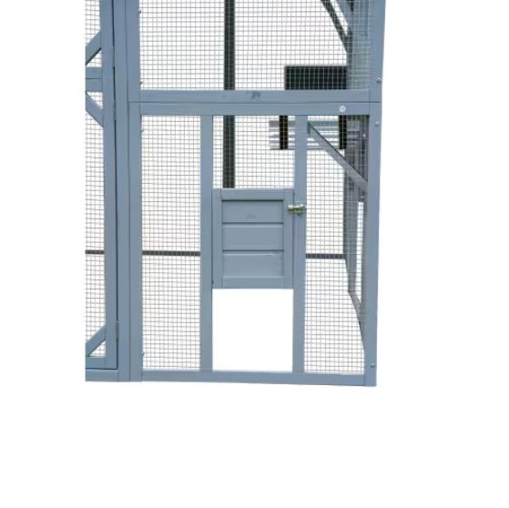 Metallic bird cage with a door on a white background