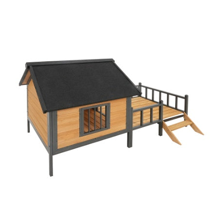 Wooden pet house with a black roof on a white background