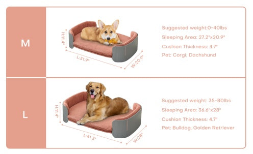 Dog beds with measurements and dog weight suggestions on a white background