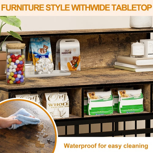 Wooden shelf with various items and a close-up of a hand cleaning a surface.