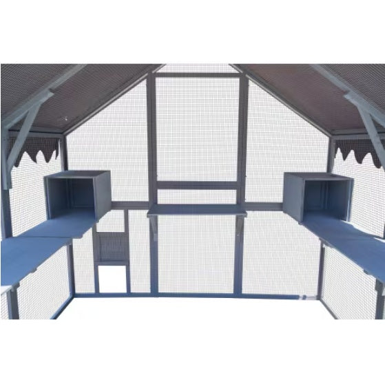 Pet cage with blue shelves and white mesh walls on a white background