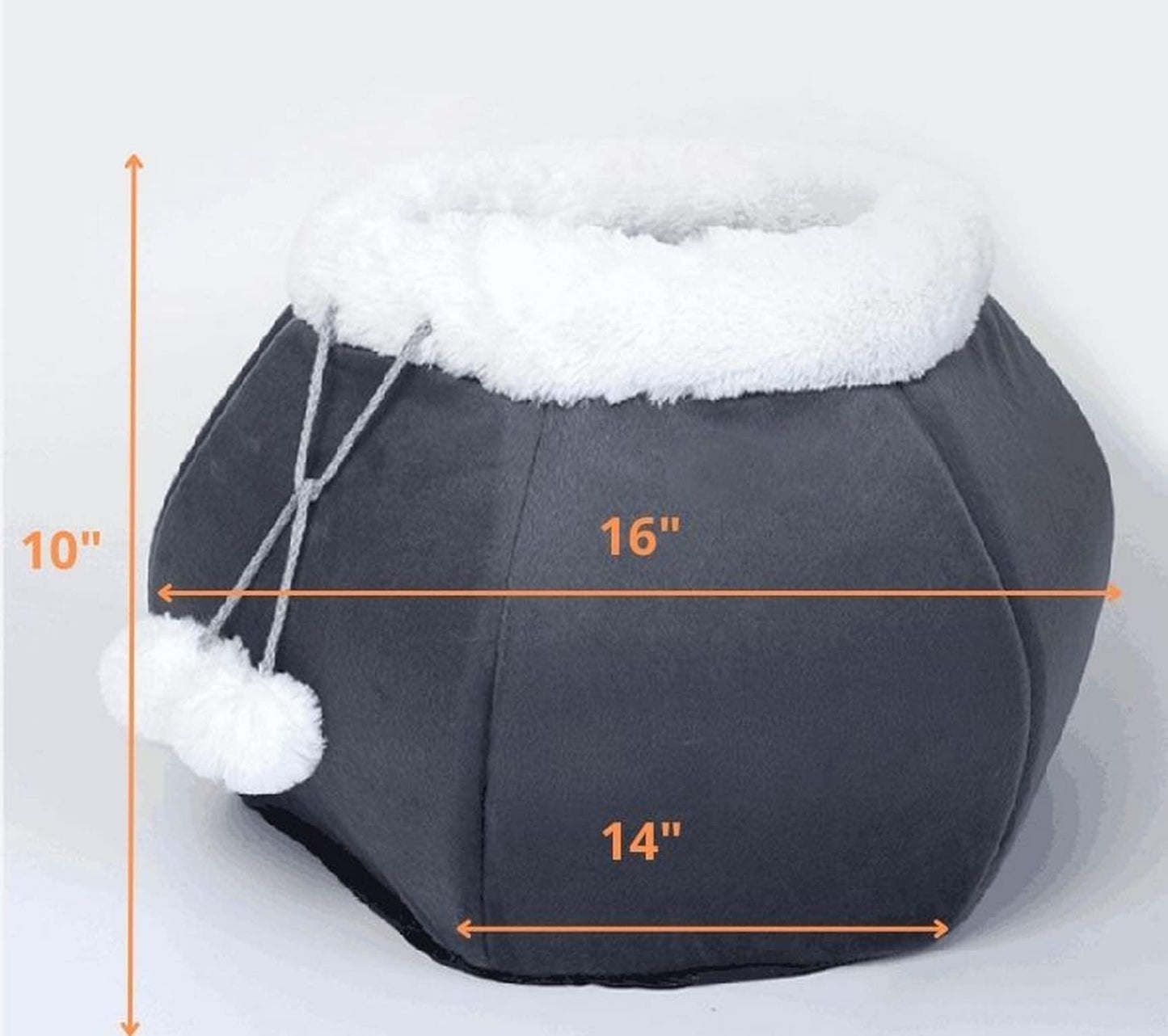 Gray pet bed with white cushion and measurements on a white background