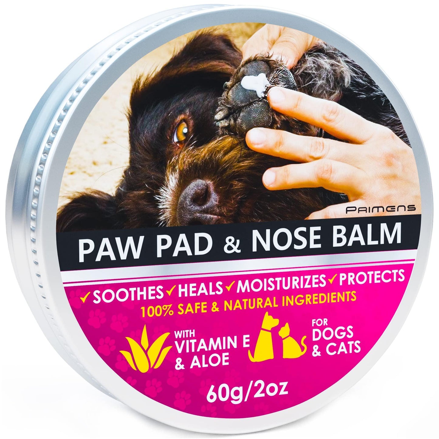 Paw pad and nose balm container with a dog and hand on a white background