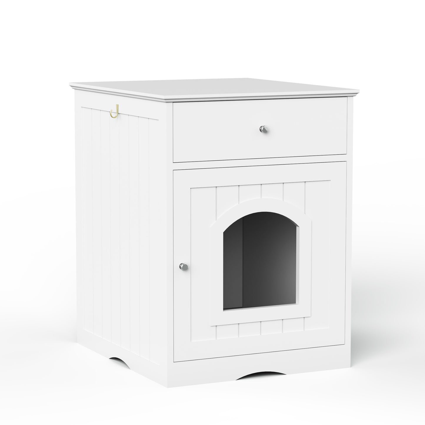 White wooden pet door cabinet with a glass panel on a white background