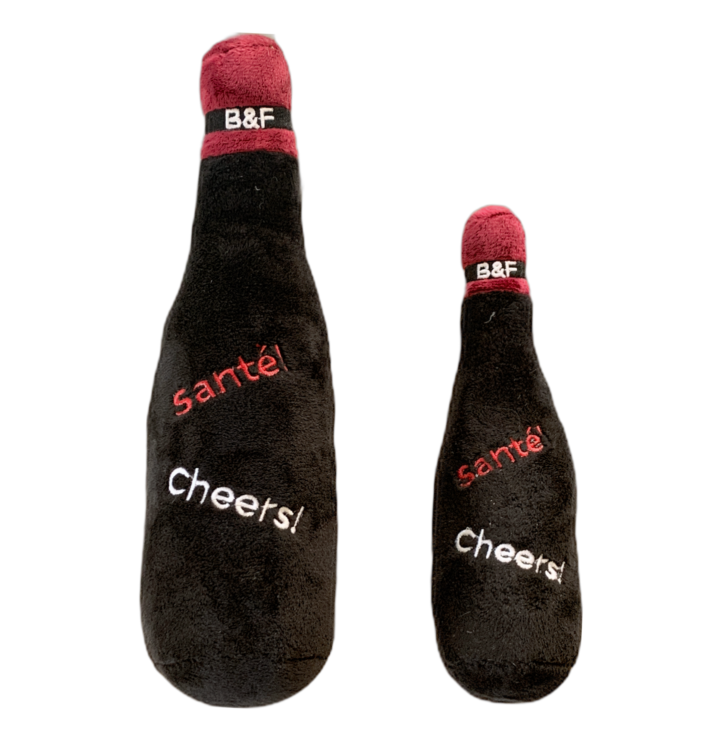 Two plush bottle-shaped toys with 'sante' and 'Cheers!' text on a white background.