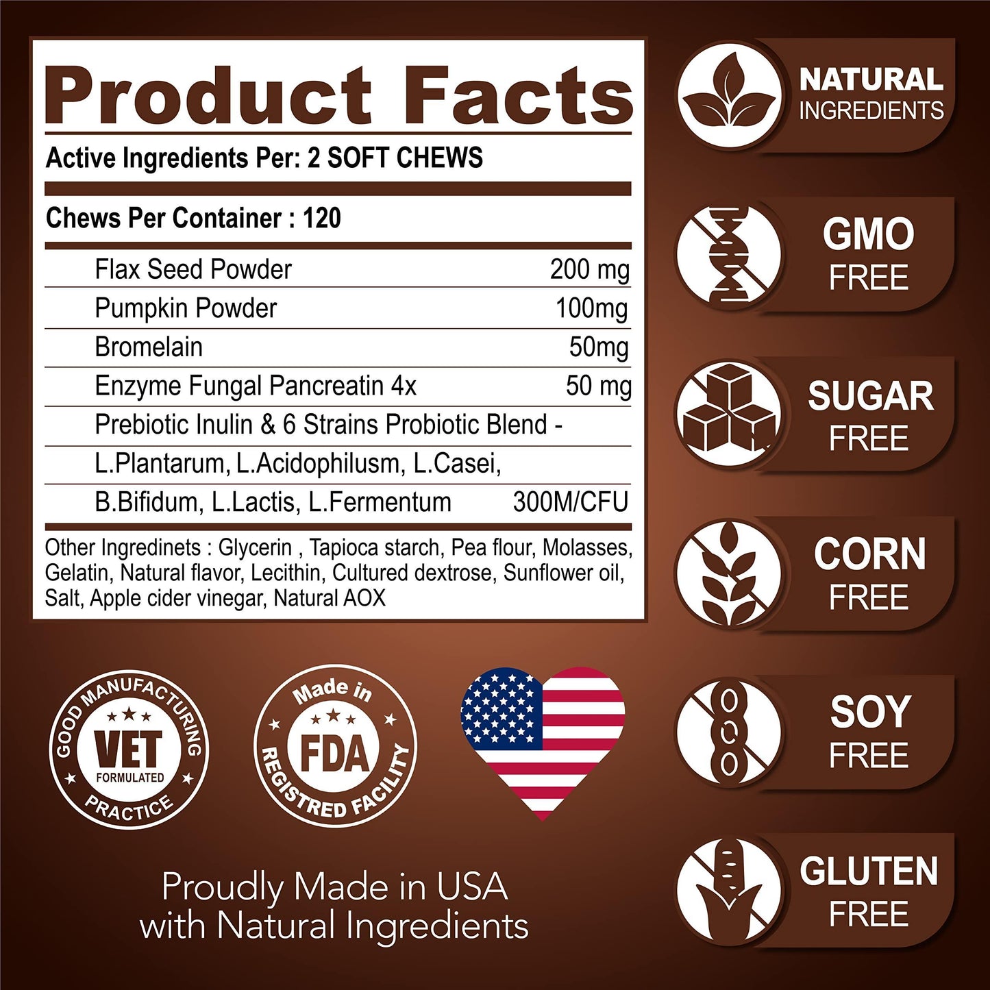 Product facts label for chews with natural ingredients, GMO-free, sugar-free, corn-free, soy-free, gluten-free, and made in the USA.