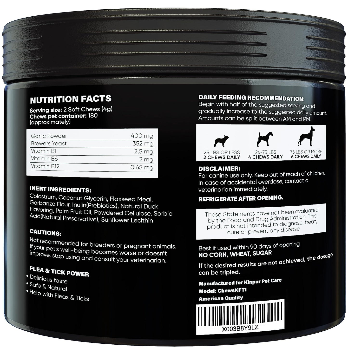 Back label of a black container with nutritional information and ingredients for a pet product.