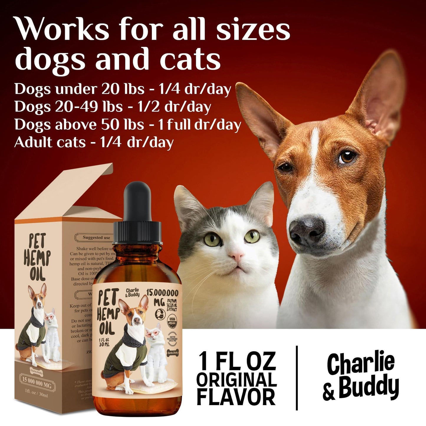 Pet hemp oil product with a dog and cat on a red background, featuring usage instructions.