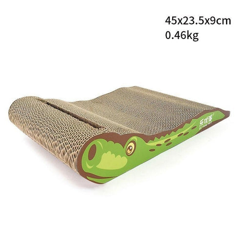 Cat scratcher with green frog design on a white background