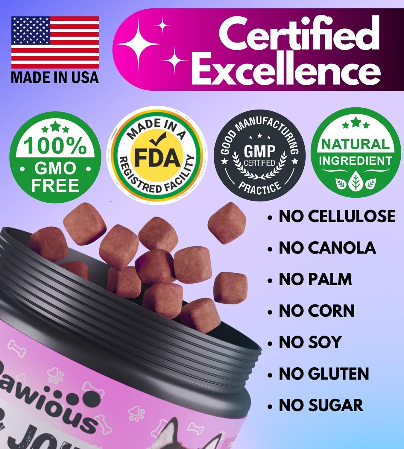 Dog food packaging with certification logos and product details on a purple background