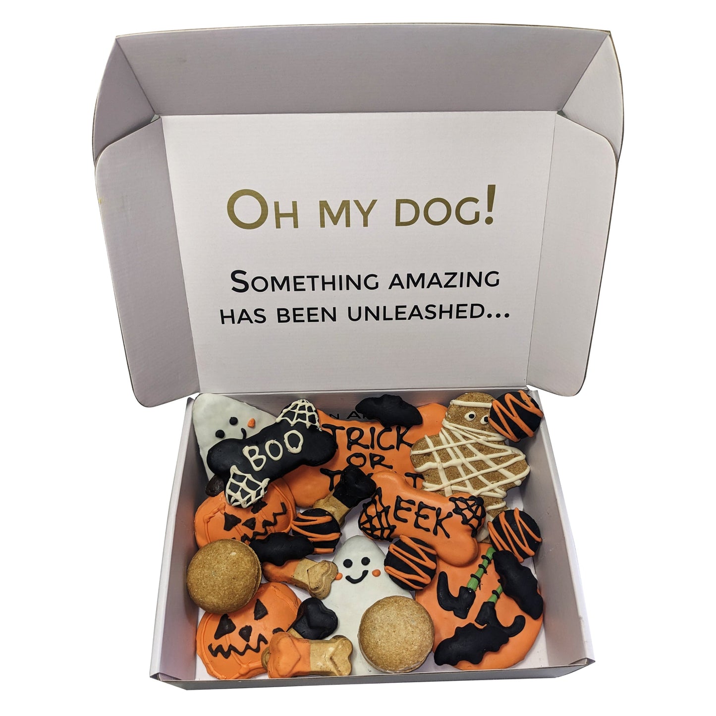 Box of Halloween-themed dog treats with 'Oh My Dog!' branding.