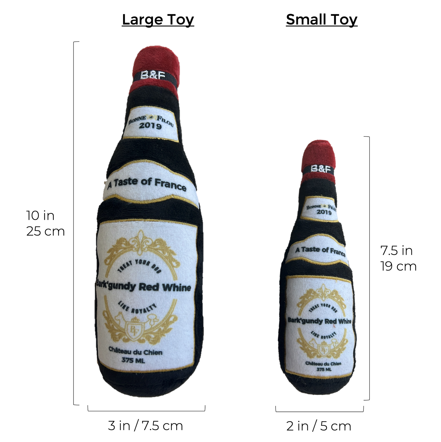 Two toy bottles labeled 'A Taste of France' with measurements for large and small toys.
