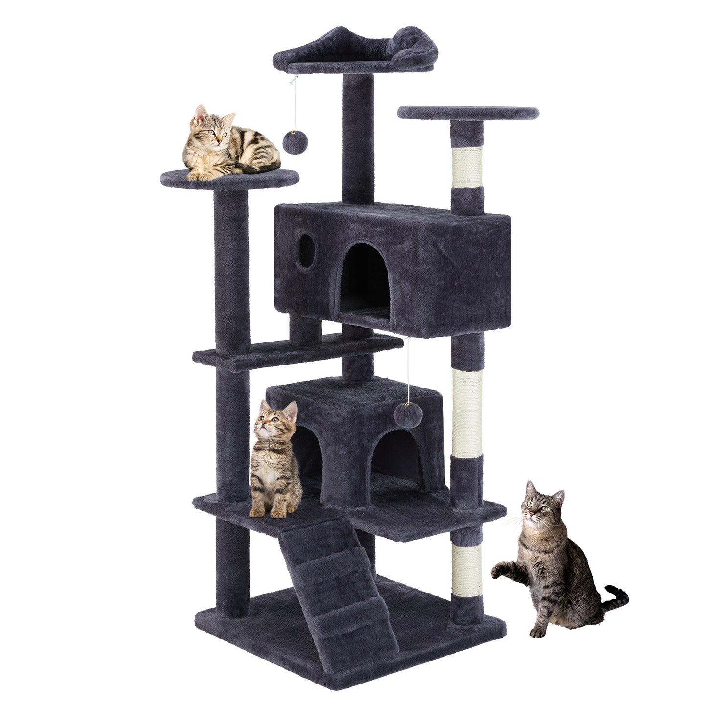 Cat tree with multiple levels and a cat sitting on it against a white background