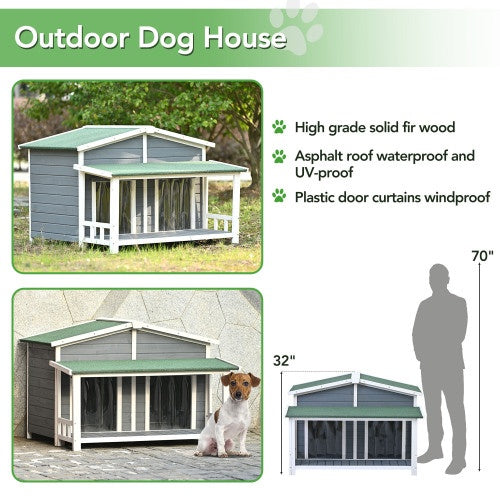 Outdoor dog house with features listed, including high-grade solid fir wood and waterproof roof.