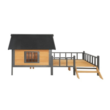 Wooden pet house with a black roof on a white background