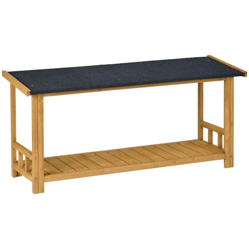 Wooden bench with black top and open shelf on a white background