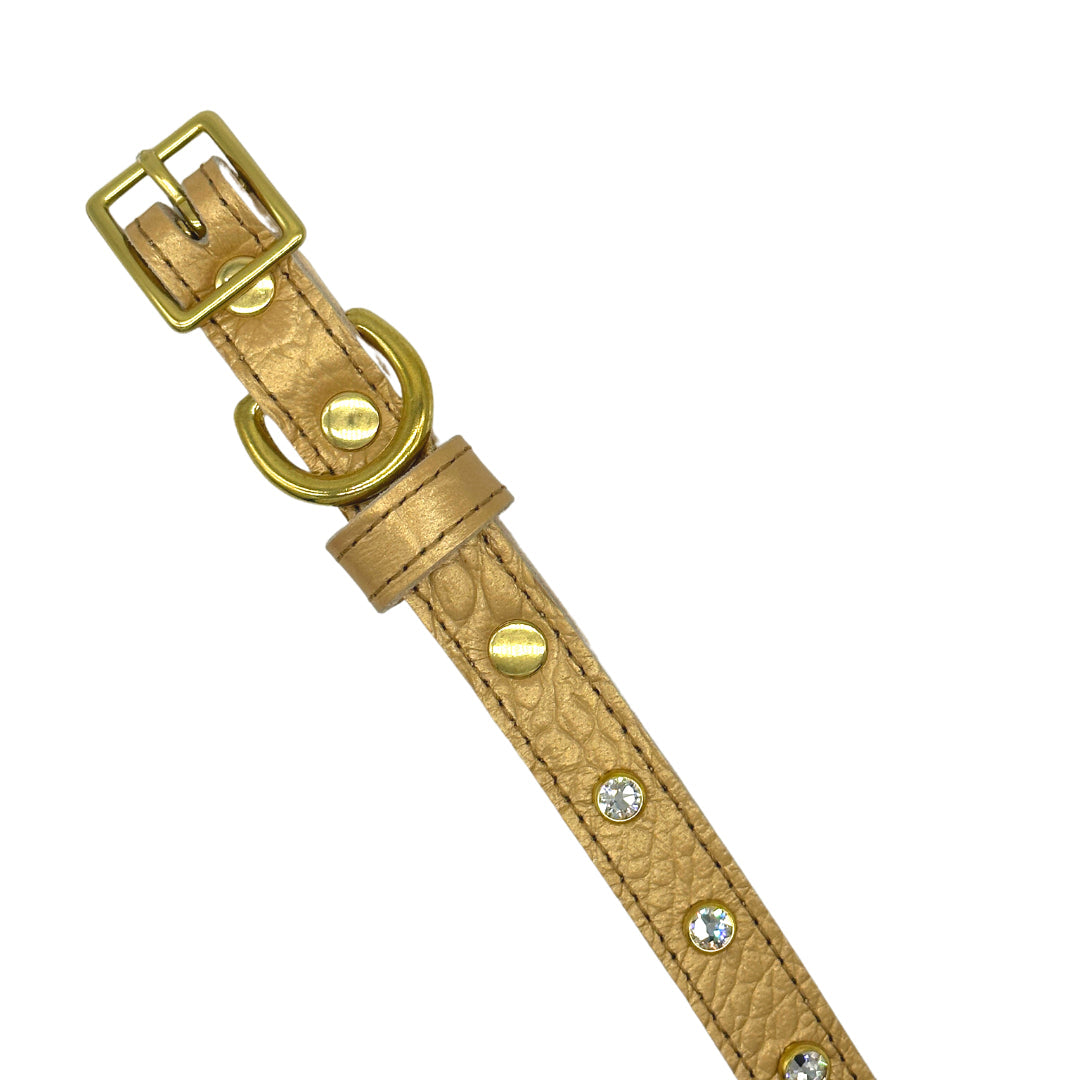 Tan leather dog collar with gold buckle and rhinestone accents on a white background