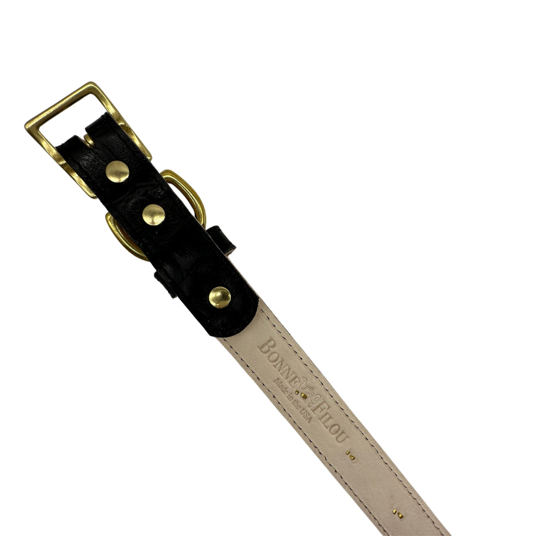 Black leather belt with brass buckle on a white background