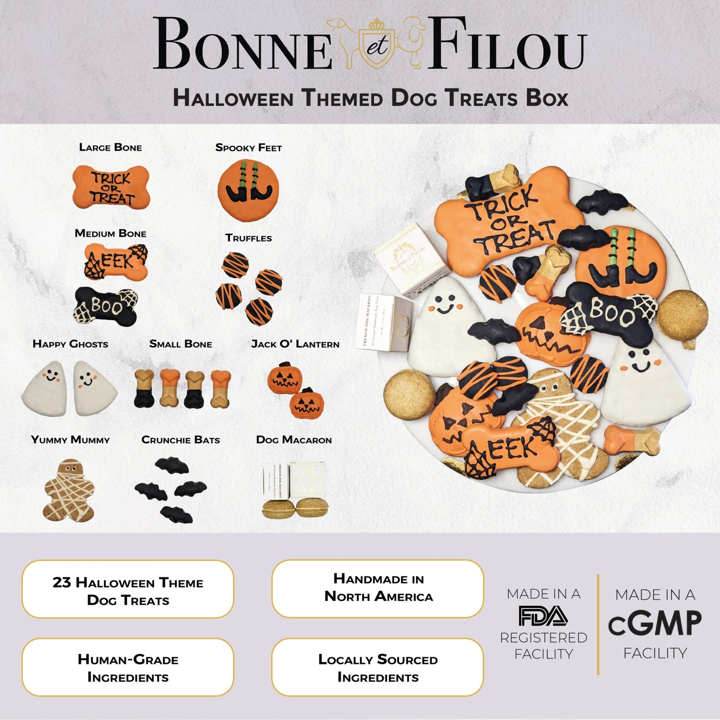 Halloween-themed dog treats box with various treats and Bonne et Filou branding.