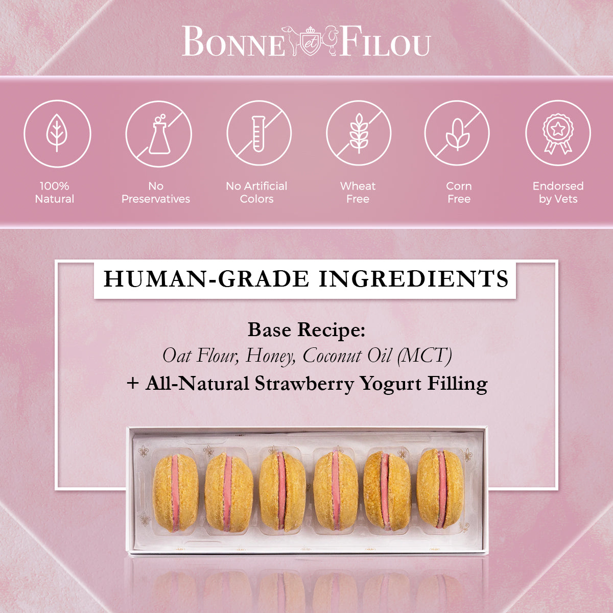 Bonne Filou product packaging with macarons and ingredient information on a pink background