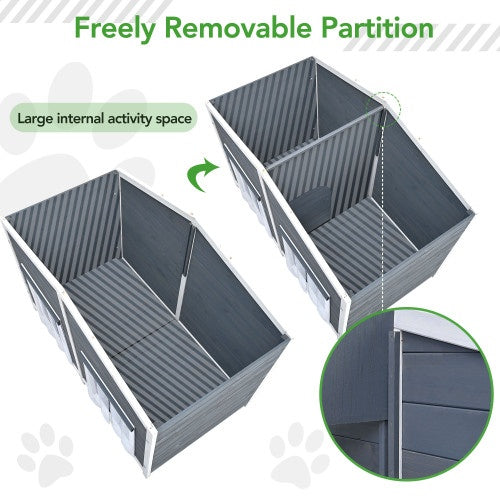 Freely removable partition system for a large internal activity space with paw prints on a white background.