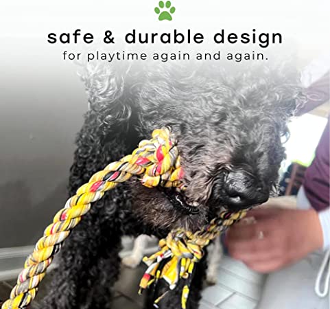 Dog playing with a braided toy, with text 'safe & durable design for playtime again and again.'