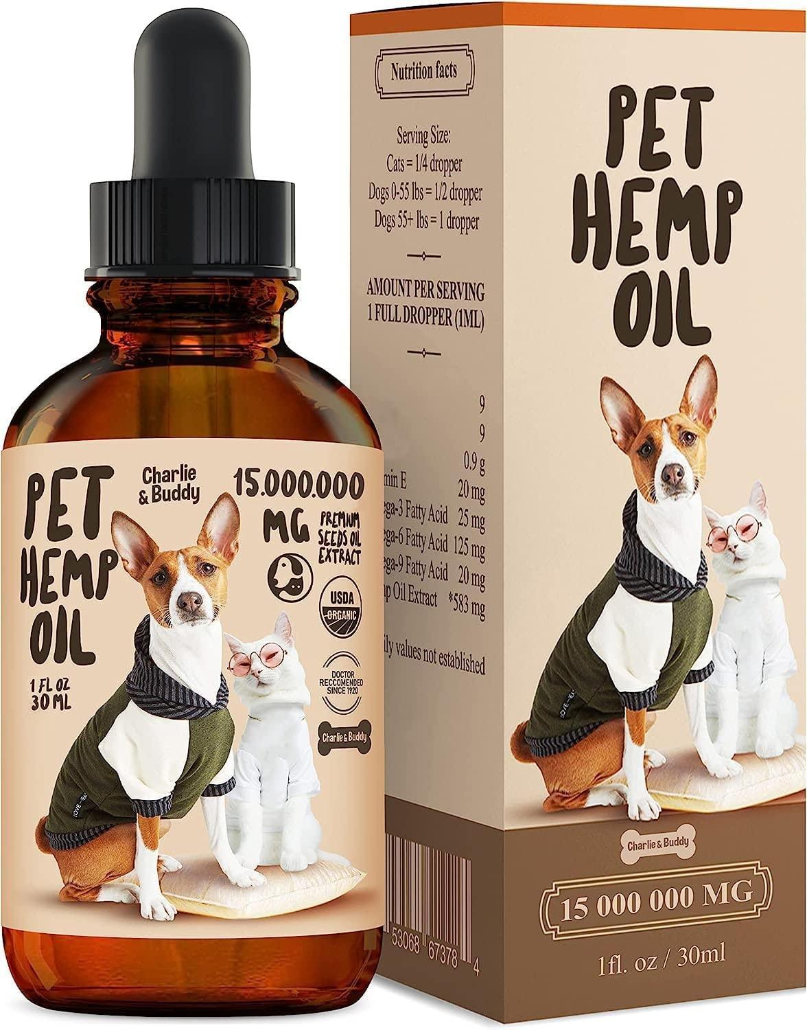 Pet hemp oil bottle and packaging with dogs on a beige background