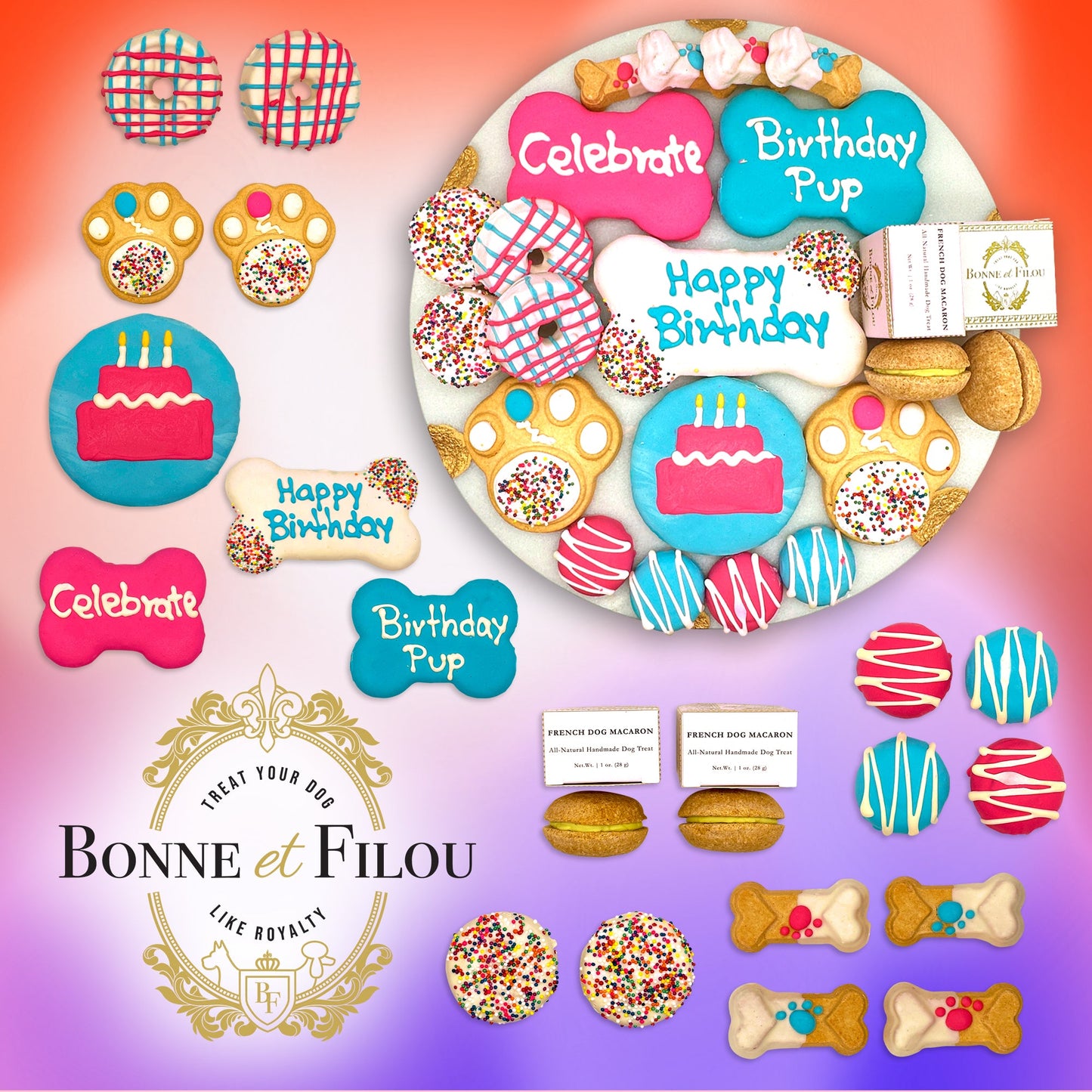 Dog birthday party treats with 'Bonne et Filou' branding on a colorful background