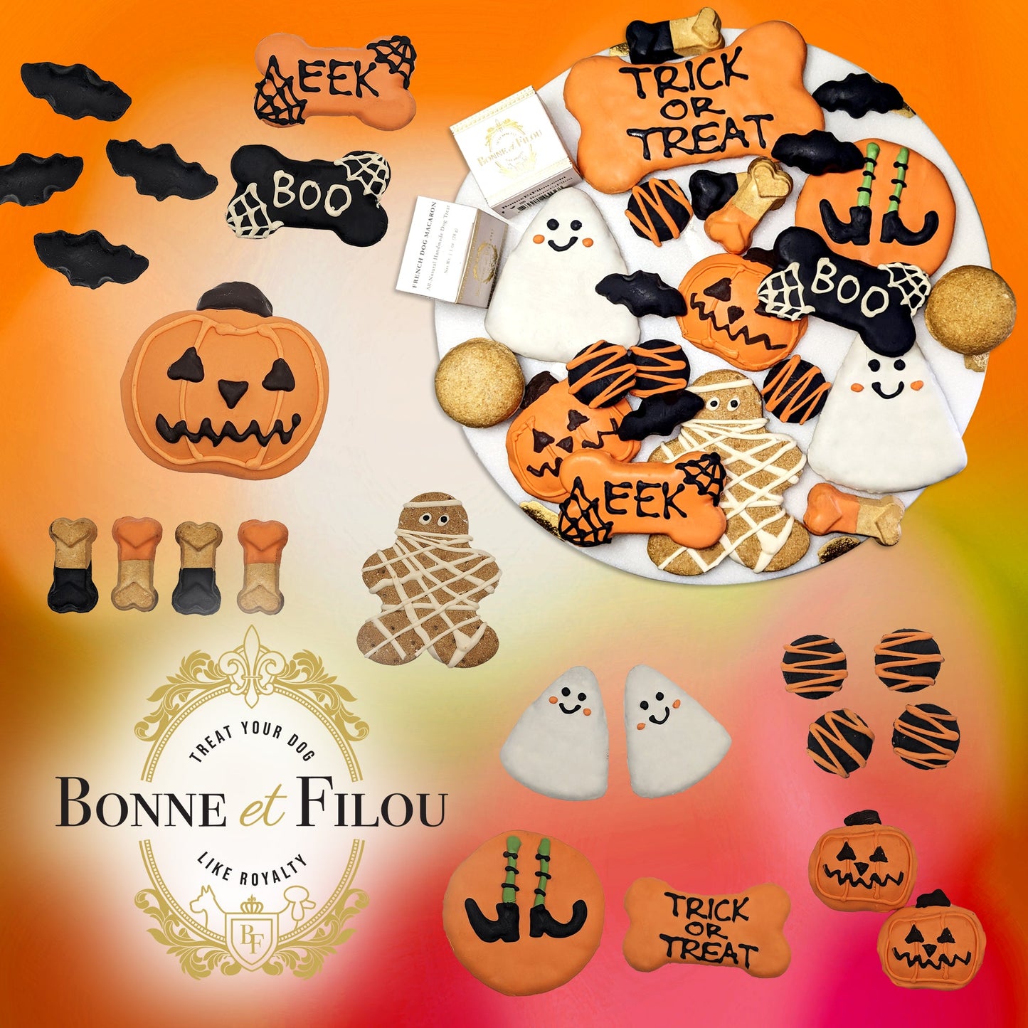 Collection of Halloween-themed dog treats with 'Bonne et Filou' branding on an orange gradient background.