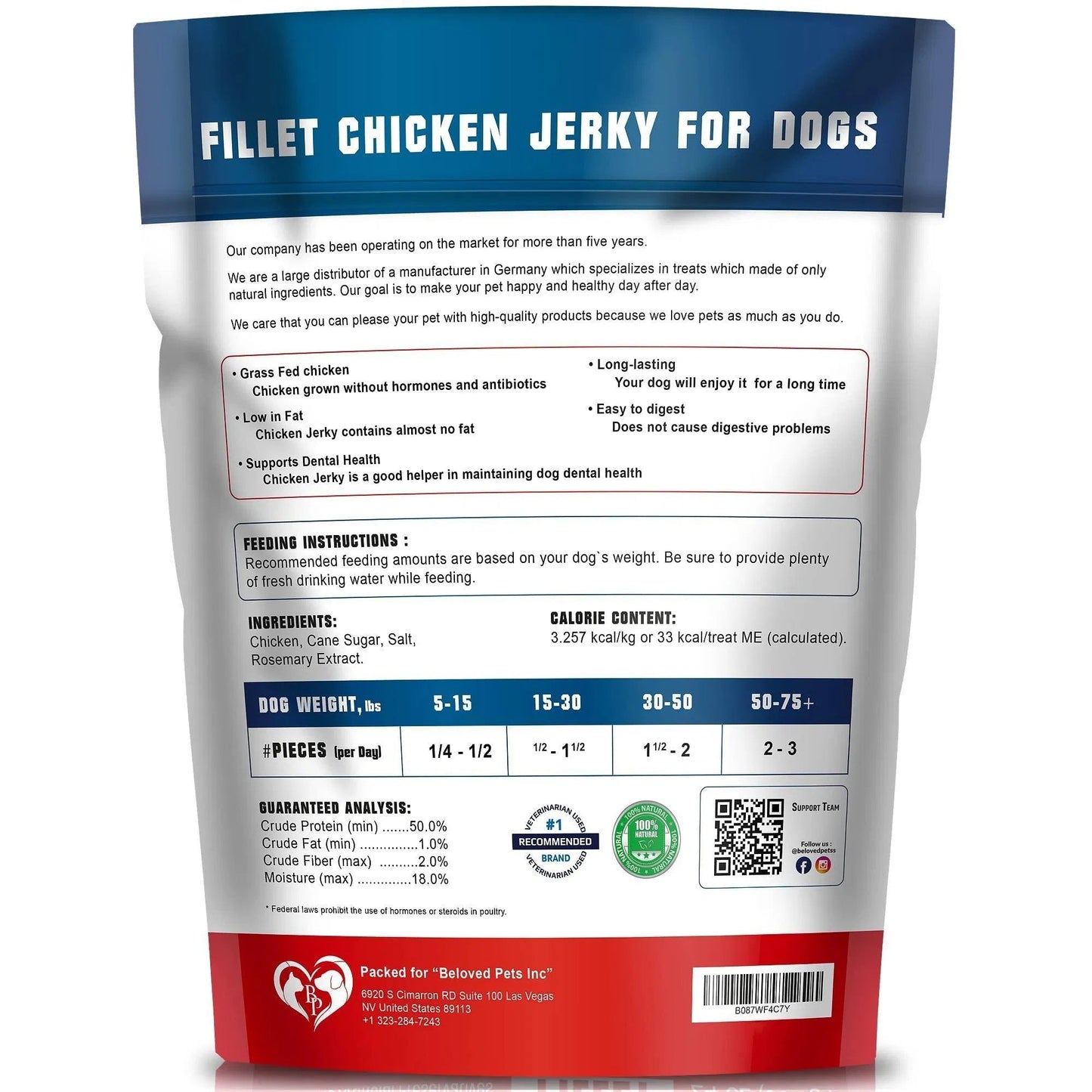Package of fillet chicken jerky for dogs with text and nutritional information.