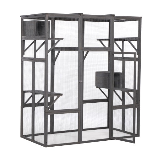 Large bird cage with multiple levels and perches on a white background
