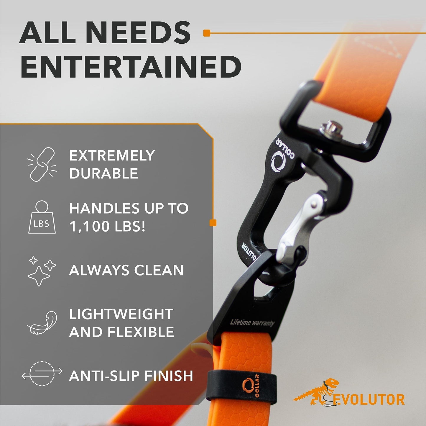 Orange and black climbing harness with durability features on a gray background