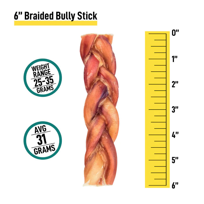 6-inch braided bully stick with measurement scale and weight information on a white background