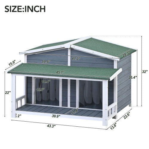 Dimensions of a pet house with green roof and gray body on a white background