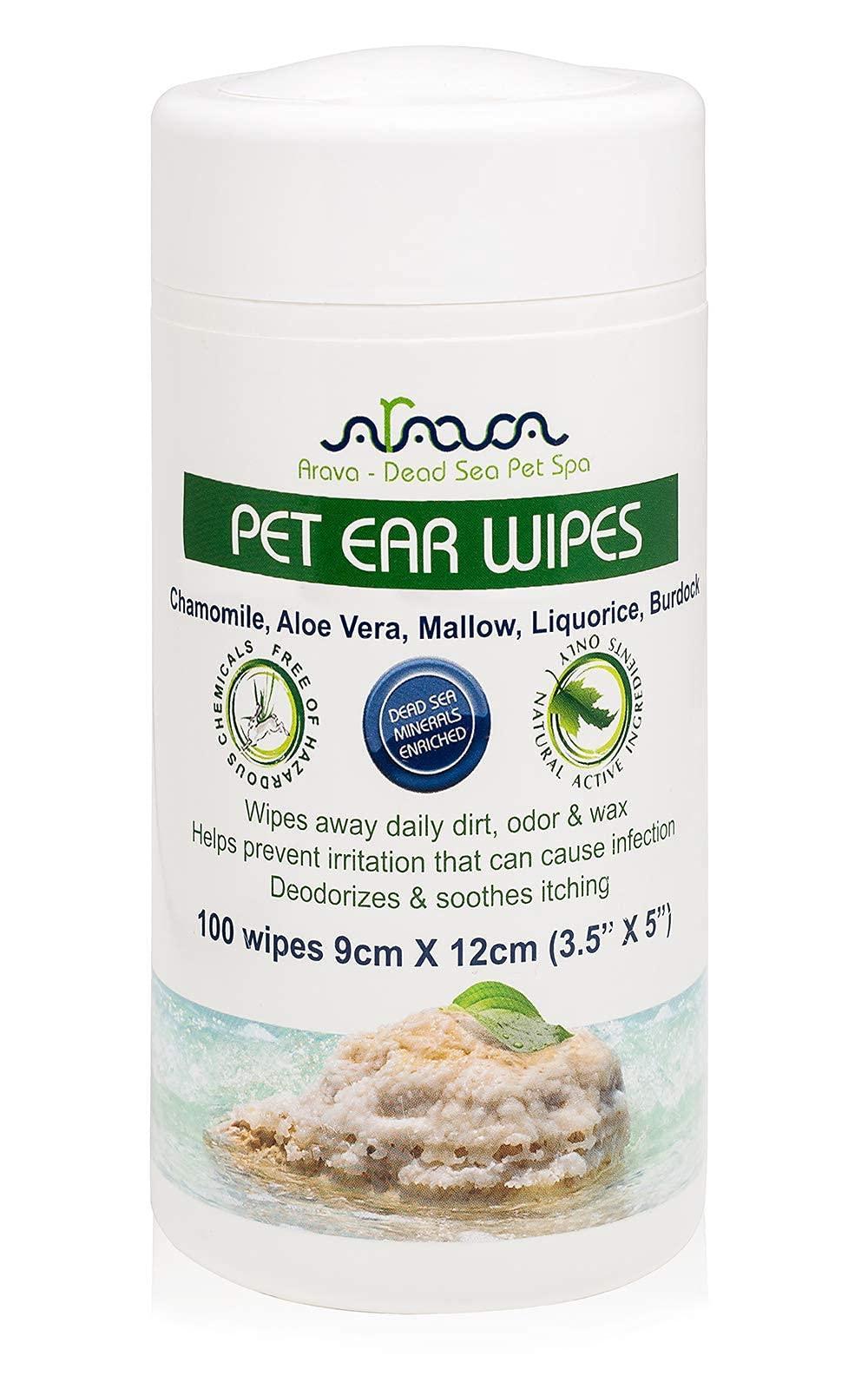 Pet ear wipes packaging with branding and product details on a white background