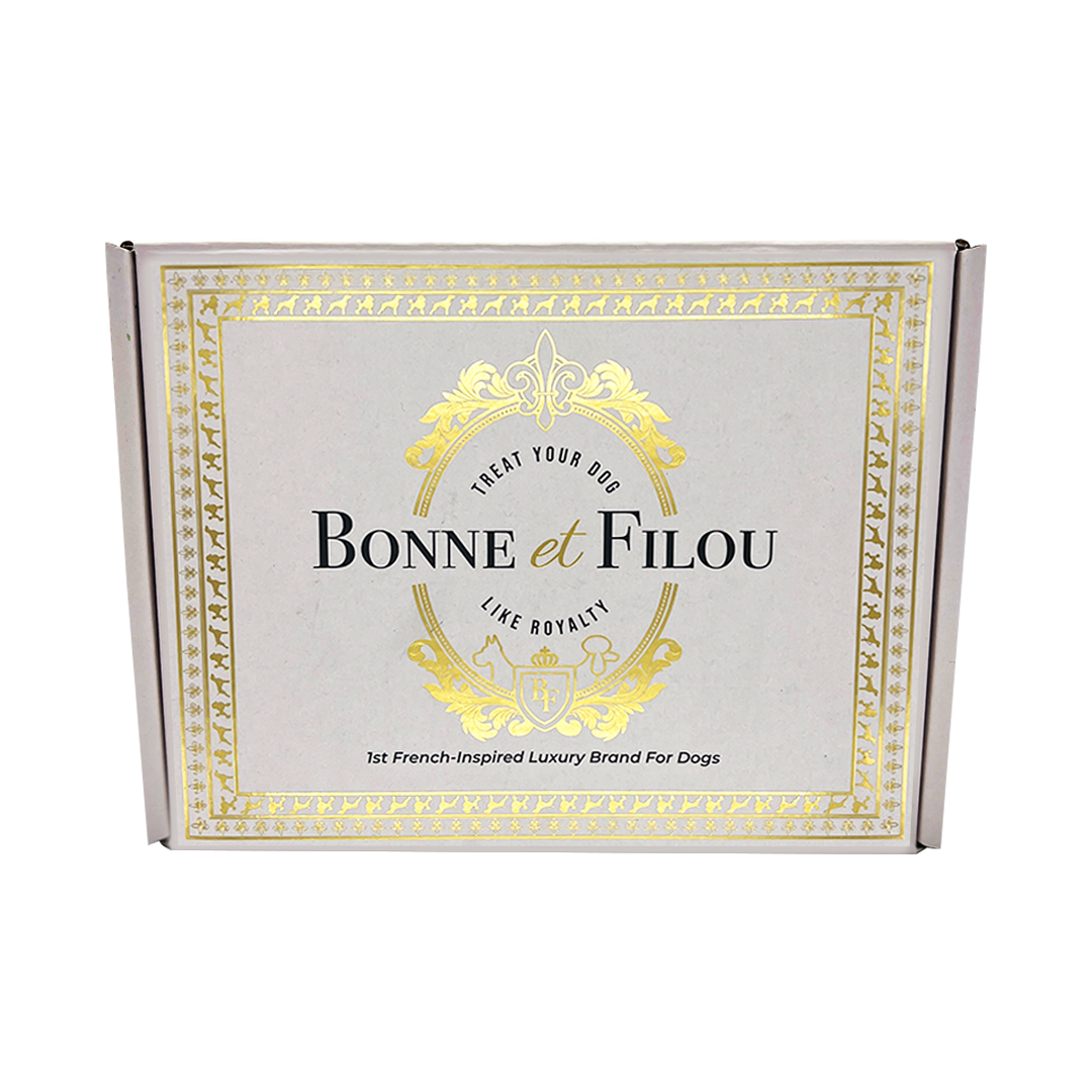 Bonne et Filou packaging box with gold accents on a white background