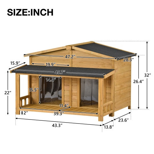 Wooden pet house with dimensions labeled in inches on a white background