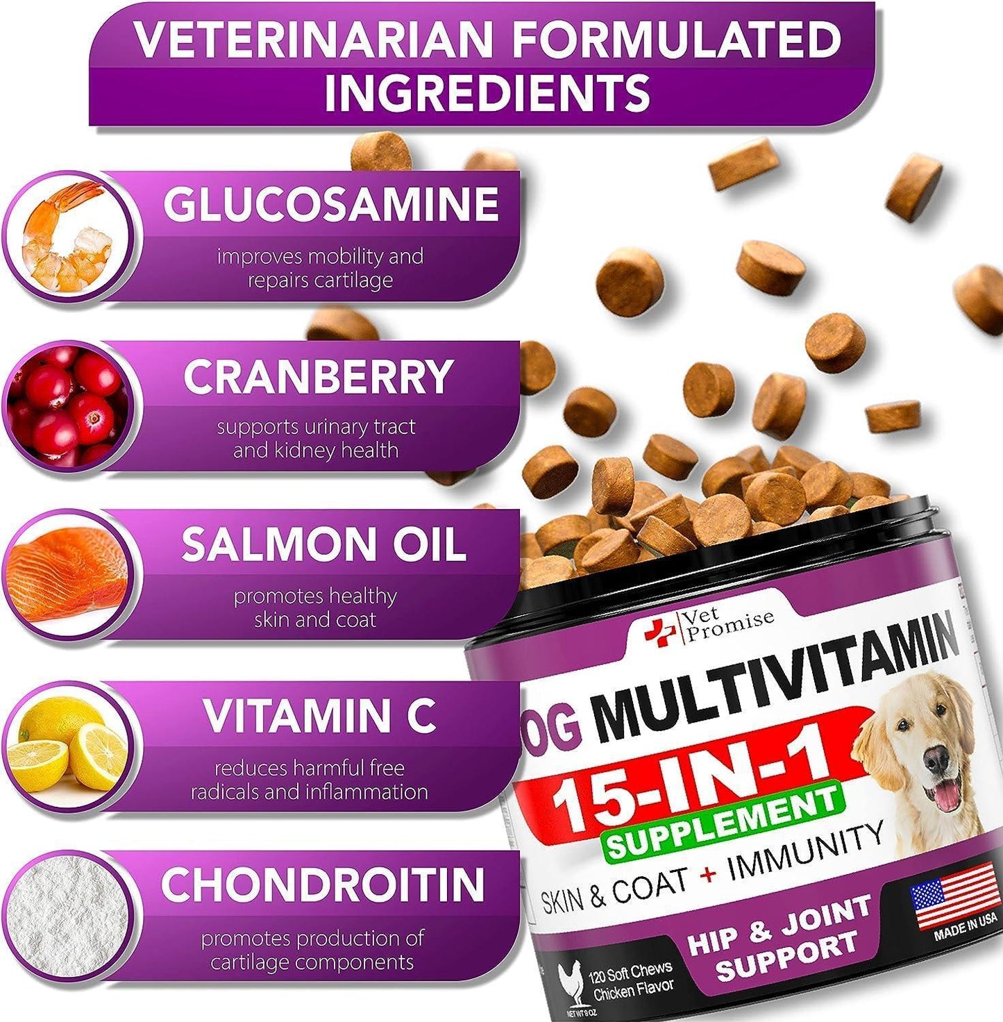 Dog multivitamin supplement with labeled ingredients and container on a white background
