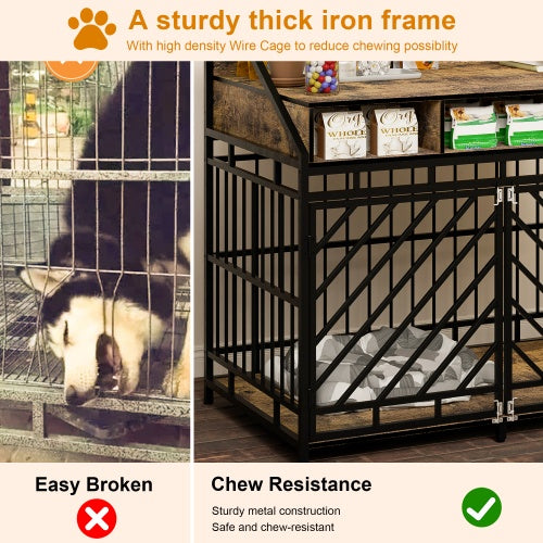 Dog in a wire cage with text about chew resistance and sturdy iron frame.
