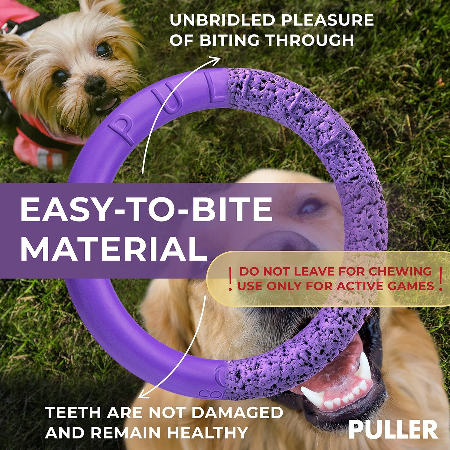Purple dog chew toy with text about its benefits and usage, shown with a dog biting it.