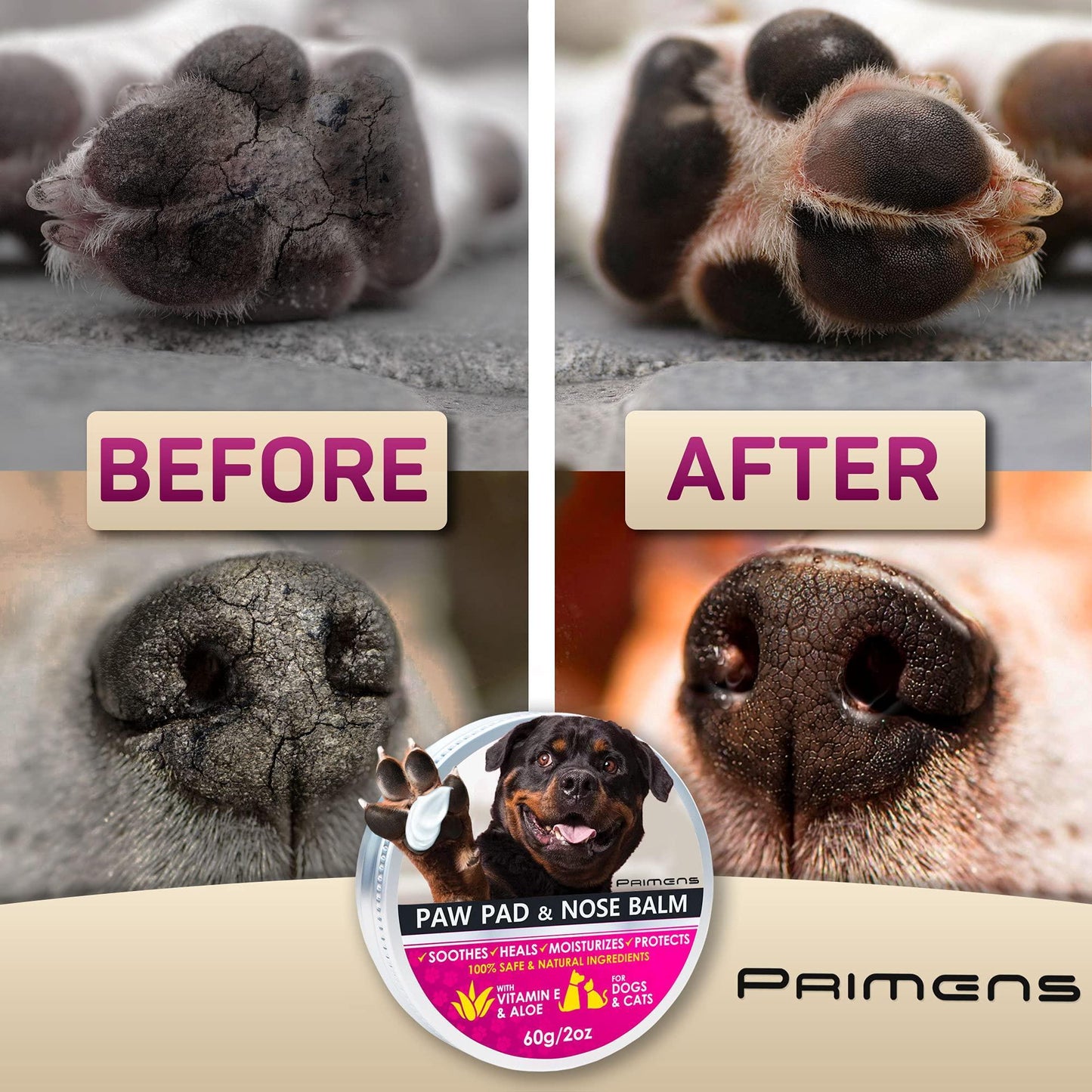 Before and after comparison of a dog's paw pad and nose with Primens Paw Pad and Nose Balm.