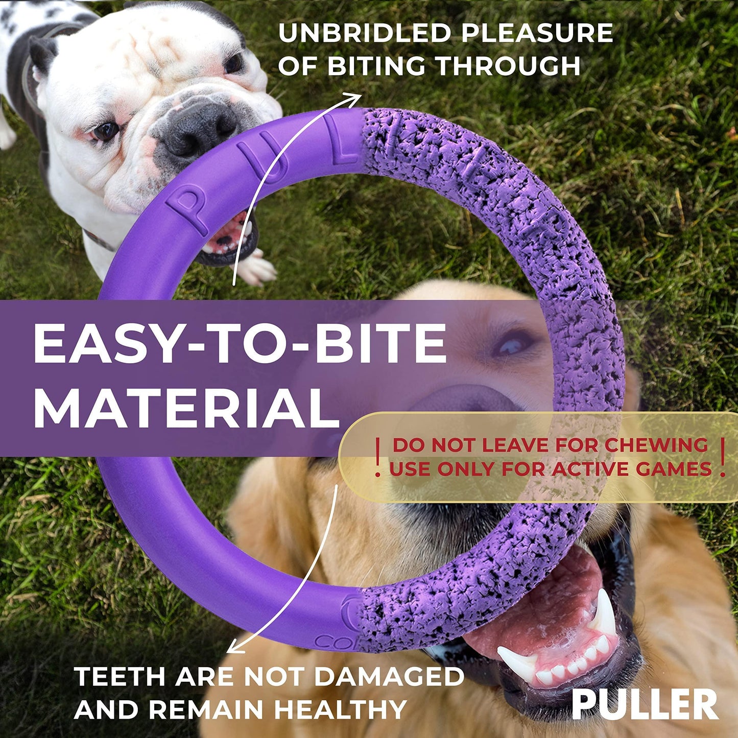Purple dog chew toy with text about its benefits and usage, shown on a grassy background.