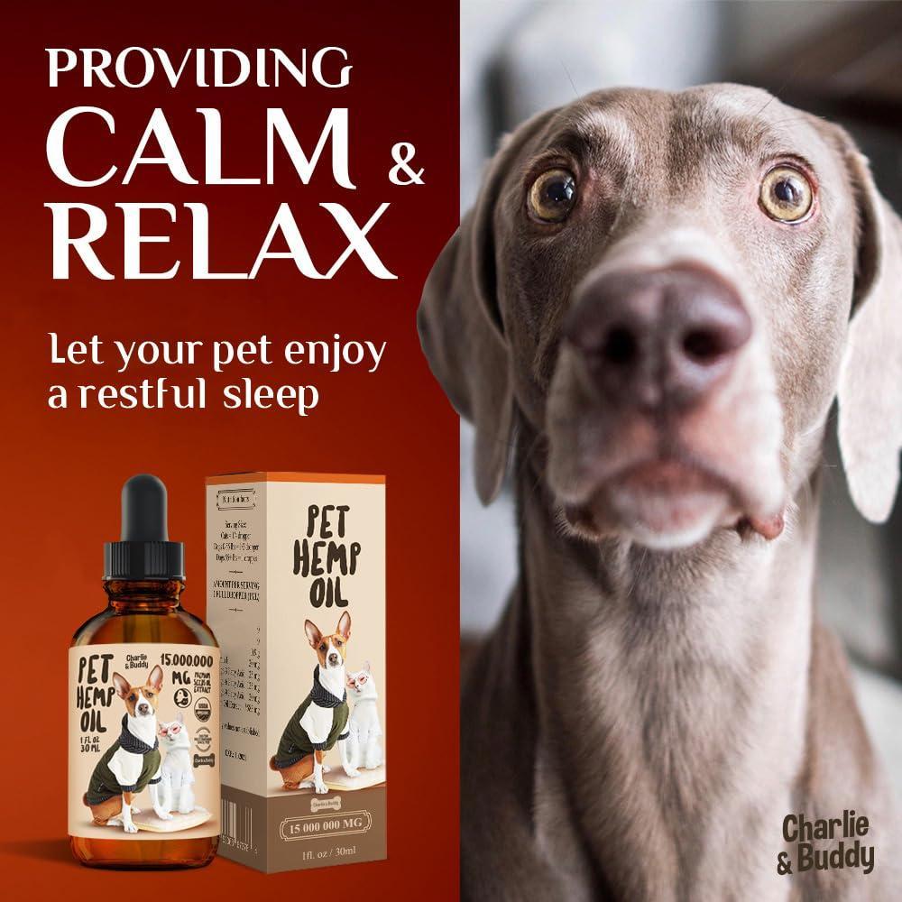 Pet hemp oil product with a dog and text on a red background