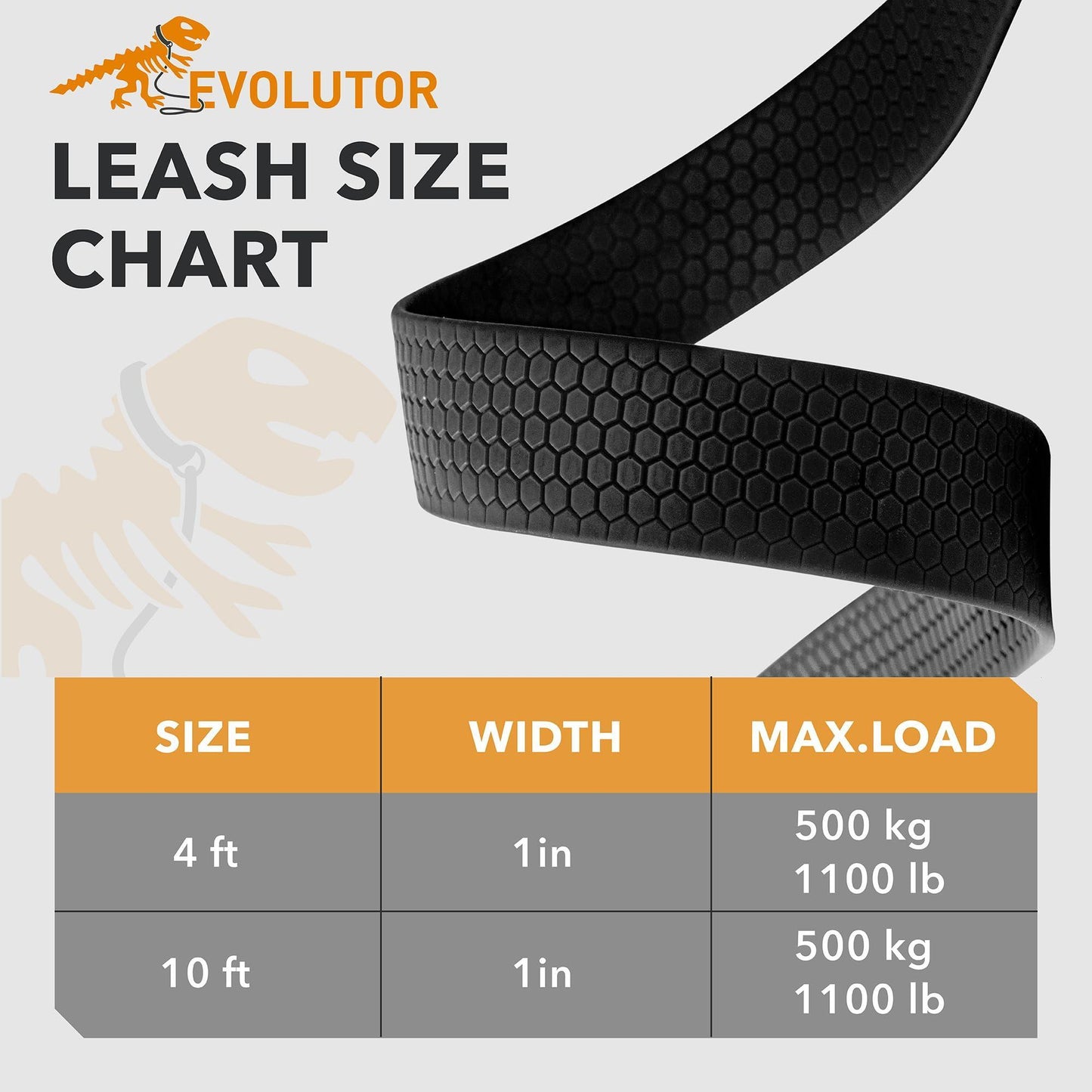 Leash size chart with Evolutor logo and black leash on a light gray background