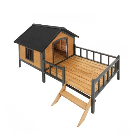 Wooden pet house with a black roof and stairs on a white background