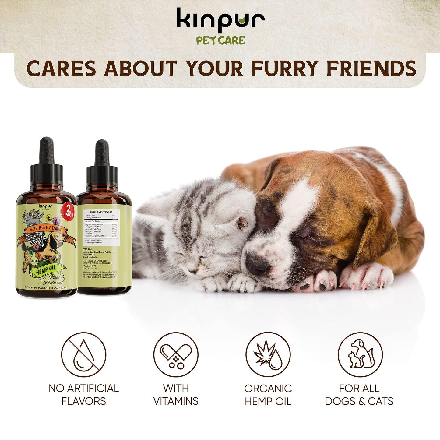 Two bottles of Kinpur pet care product with a dog and cat lying down, and text about the product's benefits.