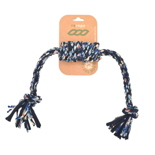 Dog rope toy with colorful tassels on a white background