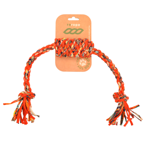 Orange and black braided rope toy with tassels on a white background