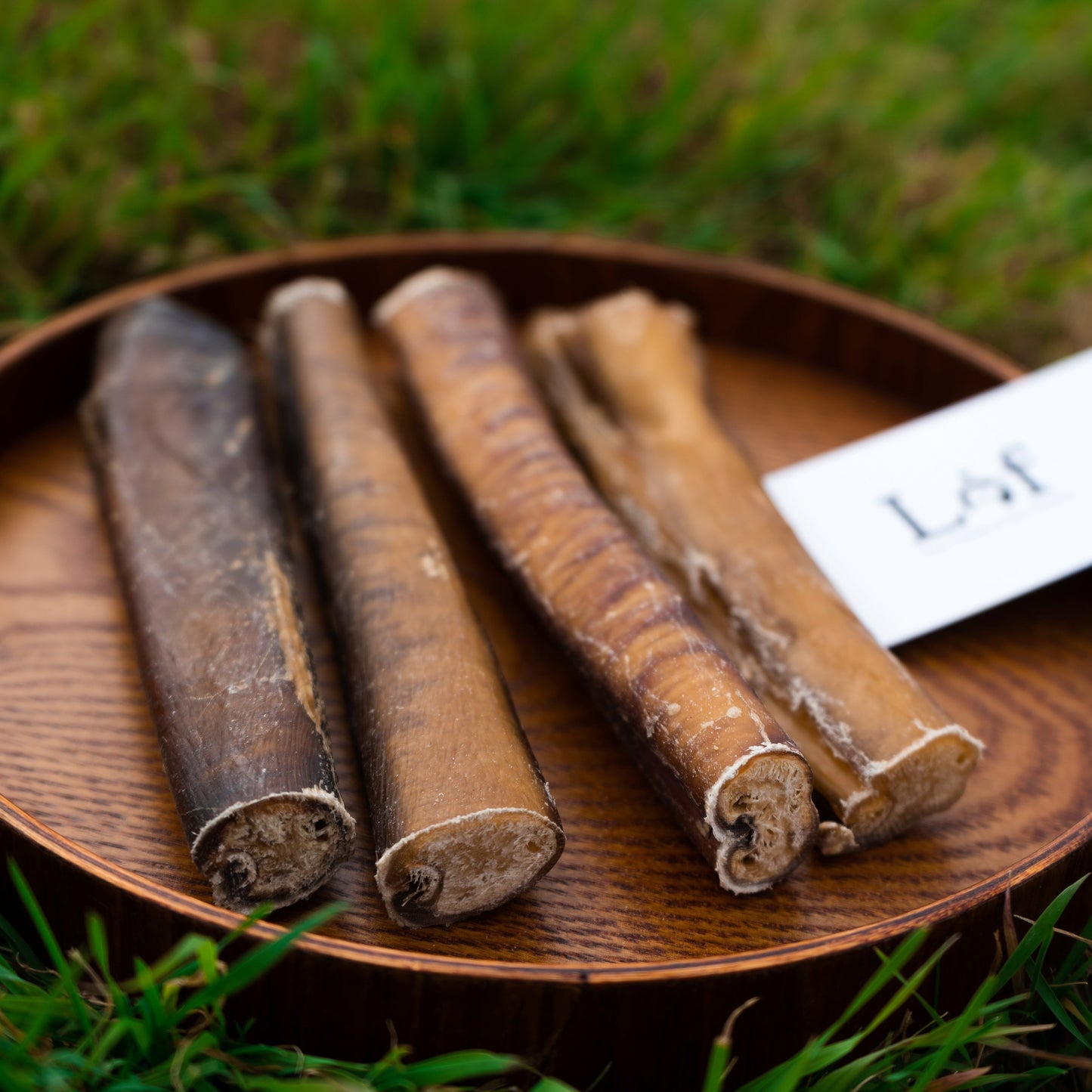 Five rolled dog bones on a wooden plate with a grassy background
