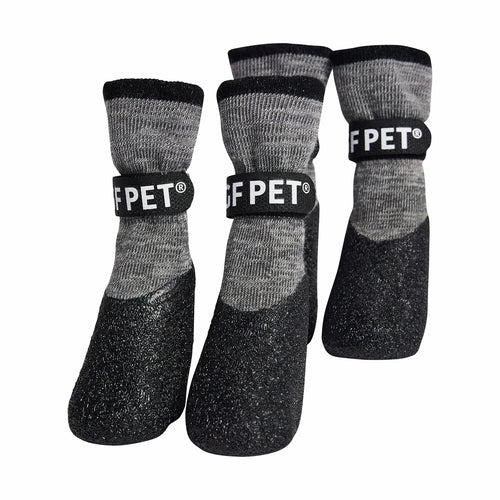 Set of four gray and black pet socks with FPET branding on a white background